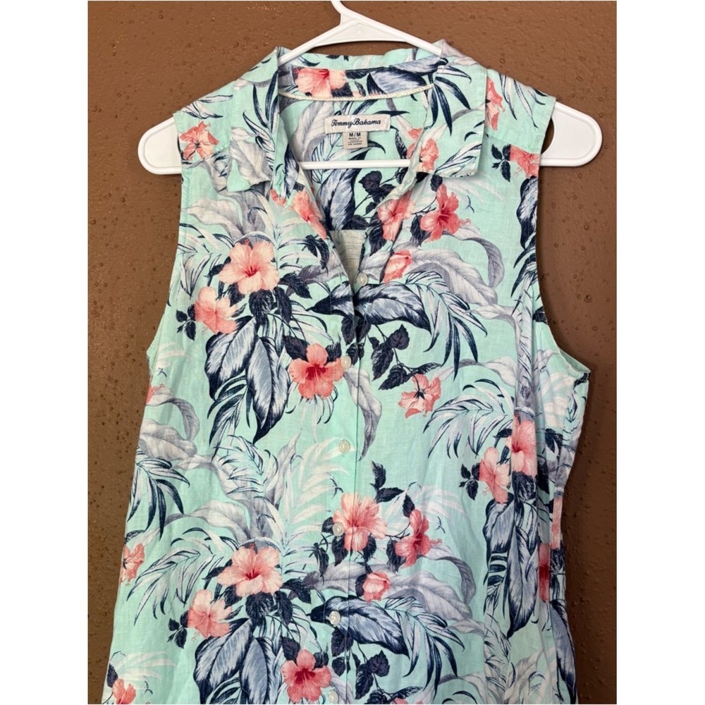 Tommy Bahama Women 100%Linen Tropical Floral Button Front Midi Dress Aqua Blue m - Picture 3 of 9